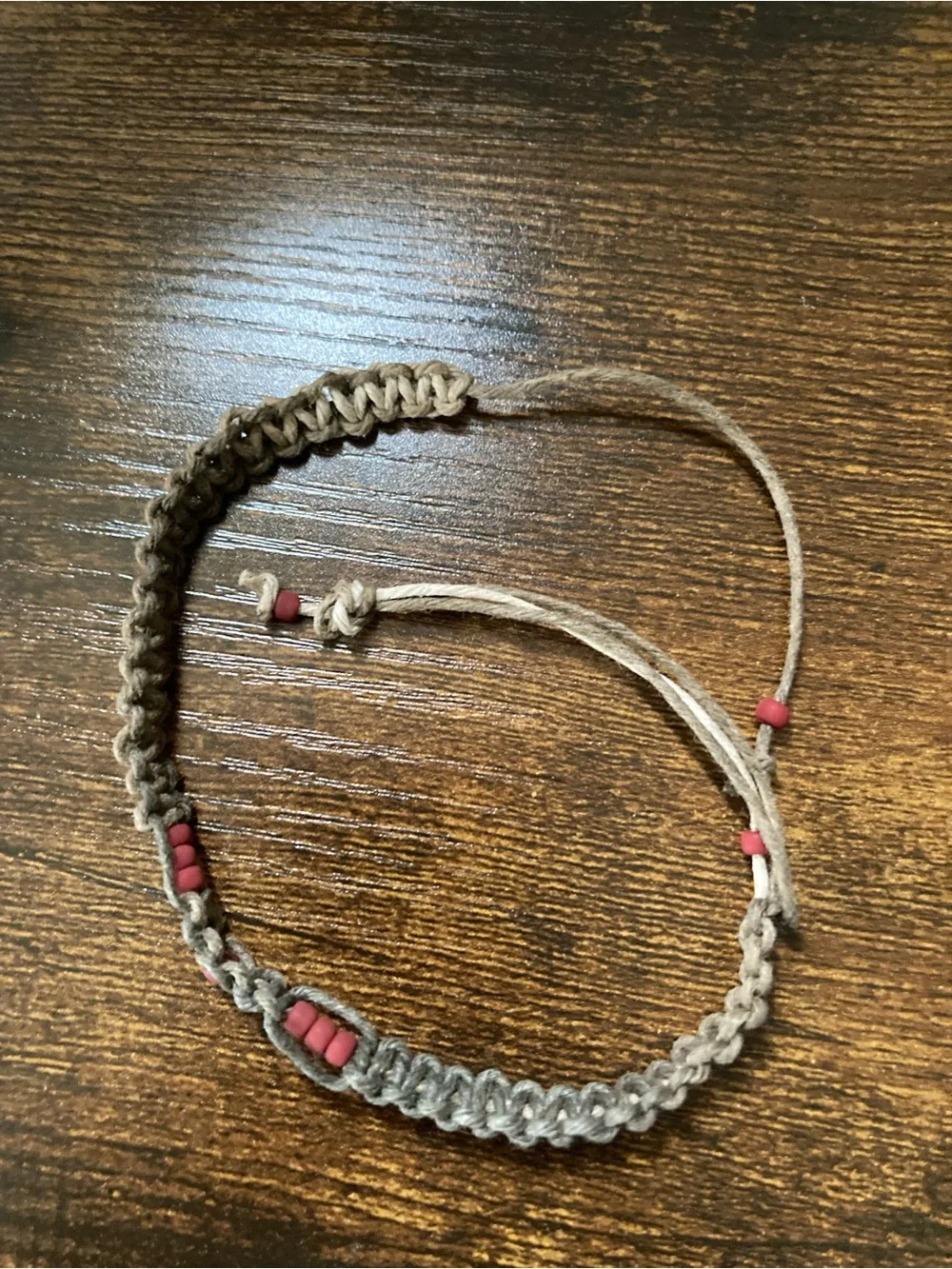 Handmade Hemp Cord Bracelet with Red Beads